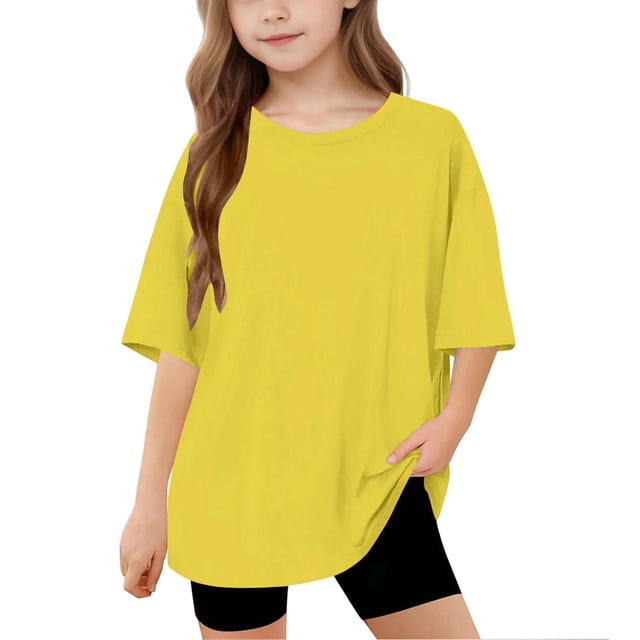 Lmnyox Kids T Shirts Oversized Short Sleeve Basic Tee Solid Color Loose Crew Neck Summer Shirts Tops 5-15 Years