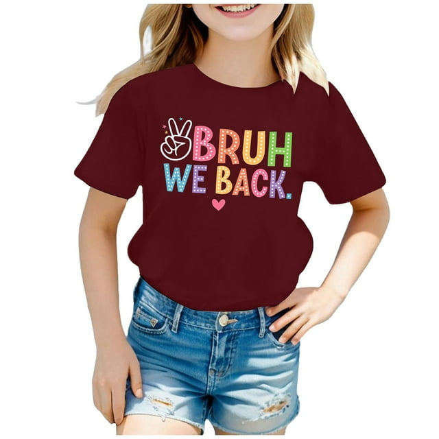 GDREDA Vêtements Fille Enfants Rentrée des Classes Graphique Manches Courtes Col Rond Tee Lumineux & Confortable pour Garçons & Filles Hauts Décontractés Fille Vin, 6-7 Ans