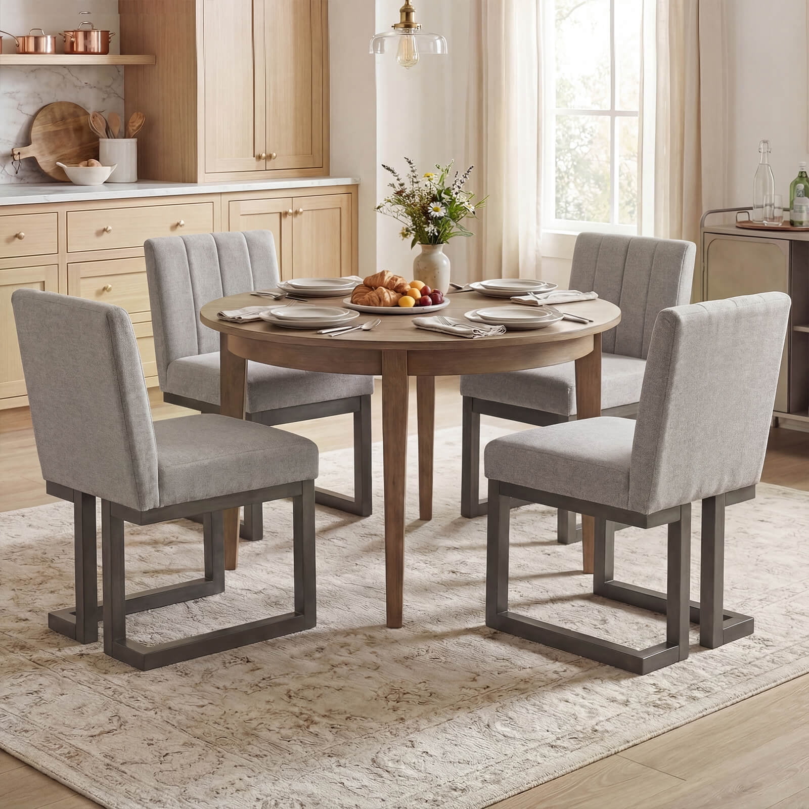 Costway 4PCS Wooden Dining Chairs Modern Farmhouse Fabric Upholstered Kitchen Chairs Beige + Gray