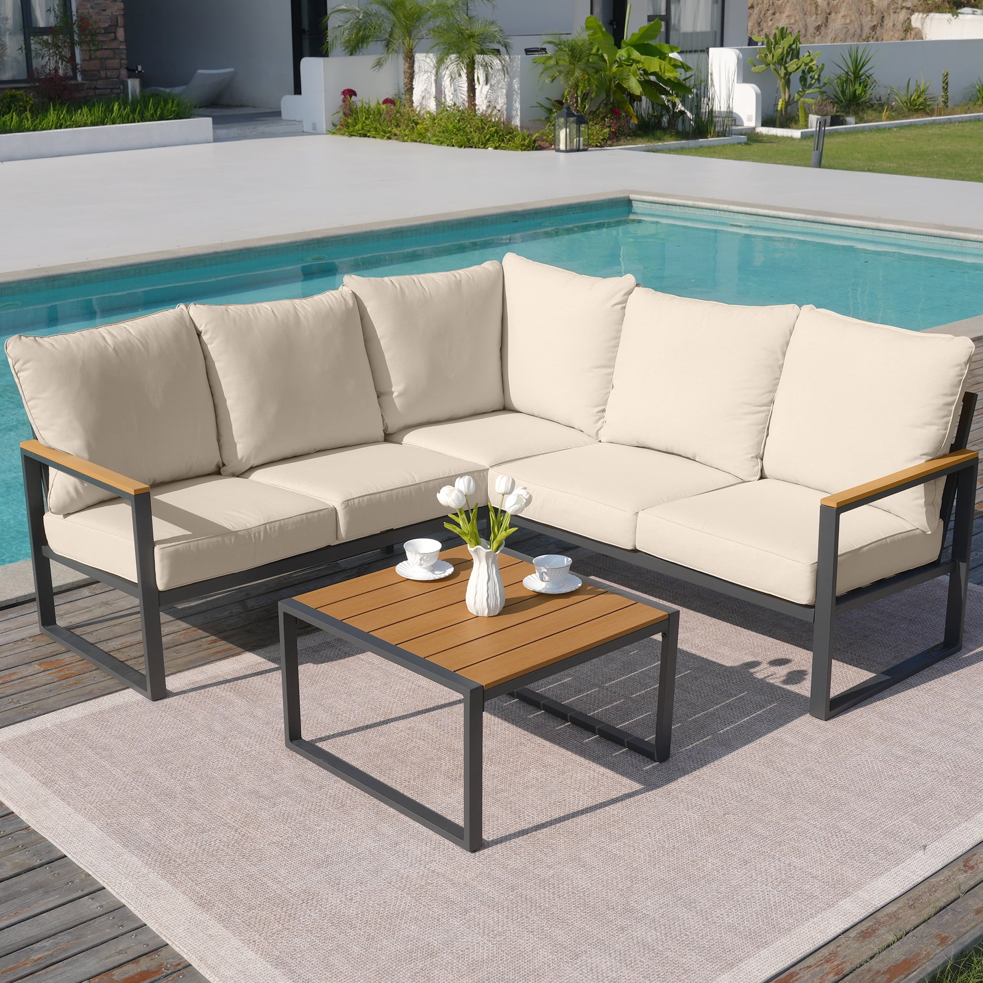 COMLAX FIELD Patio Furniture Set, 6-Piece Outdoor Sectional Sofa Set, L Shape Patio Conversation Set, Outdoor Couch with Coffee Table