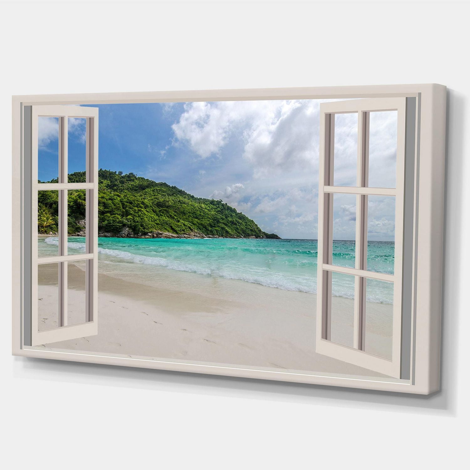 Designart Fenêtre ouverte sur le bord de mer calme Art mural sur toile