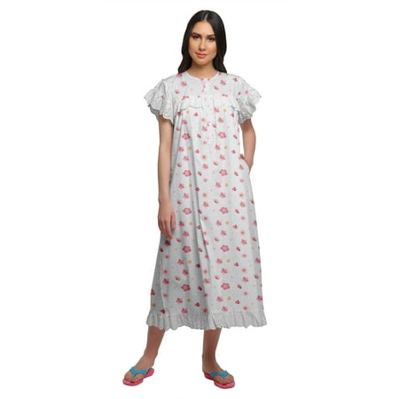 

Moomaya Printed WoMen s Button Placket Mid Calf Nightdress Cotton Nightwear