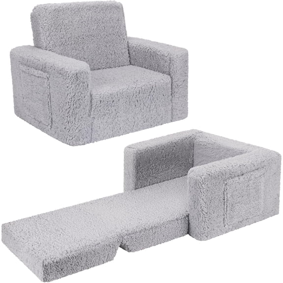 Kids Chairs for Toddler, 2-in-1 Toddler Soft Sherpa Couch Fold Out, Convertible Sofa to Lounger for Girls and Boys, Gift for Toddler Kids Children, Best Birthday Gifts for Kids, Grey