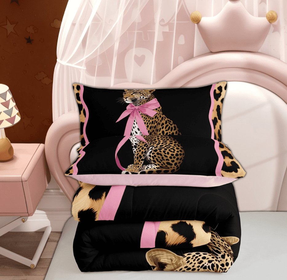 Manfei 3D Bowknot Leopard Wildlife Queen Comforter Set for Girl, Fashion Cheetah Print Bedding Sets, Pink Reversible, 3-Piece