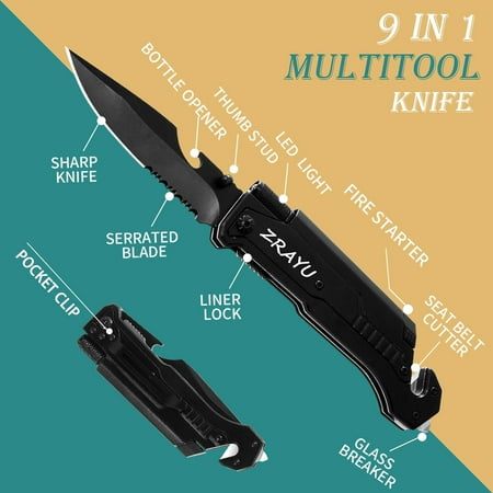 TRAHOO-Gifts for Men Him Husband Dad Pocket Knife for Men Fathers Day Birthday Gifts Idea 7 in 1 Multitool Folding Knives with LED Light Fire Starter Essential for Camping Hunting Hiking