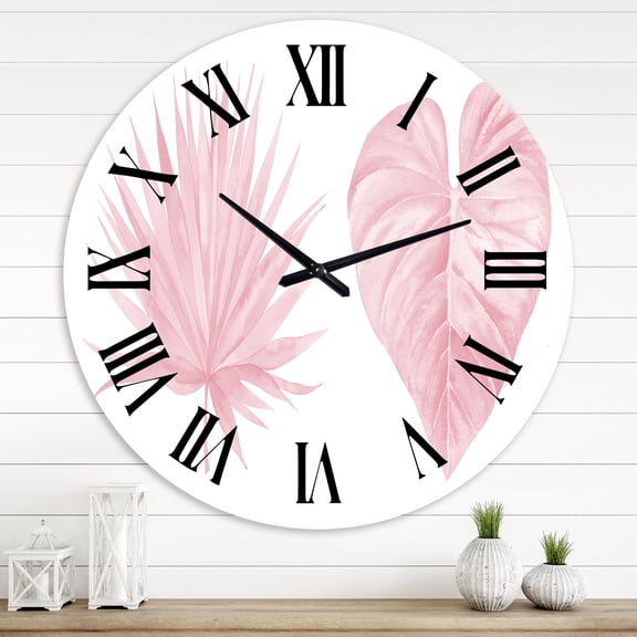 Designart 'Tropical Pink Watercolour Leaves Ii' Shabby Chic Wall Clock