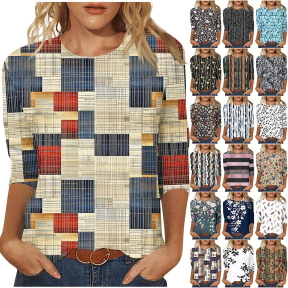 JTZGDY Western Shirts for Women Plus Size Vintage Ethnic Floral Print Summer 3/4 Lenght Sleeve Crewneck Graphic Tunic Tees Loose Oversized Casual Dressy Blouses Black#01 S