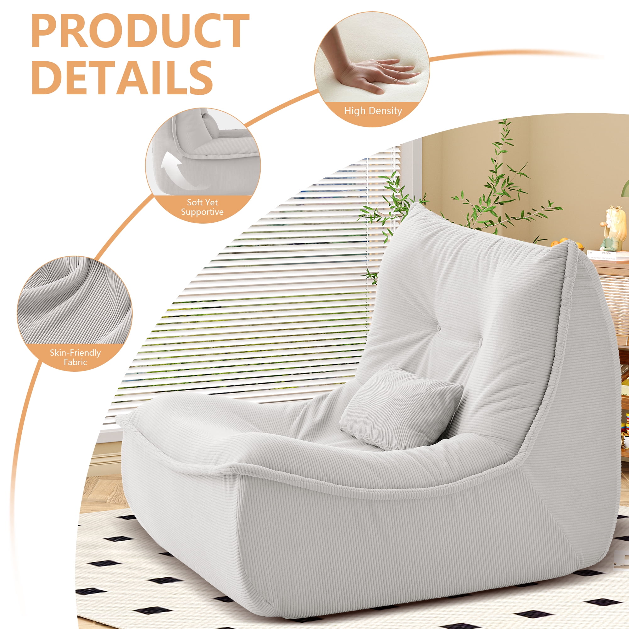 NBLDGT Bean Bag Chair for Adults, Single Lounge Chair with Lumbar Pillow, Comfy Floor Sofa with High-Resilience Foam, Lazy Accent Chair for Living Room, Bedroom, Apartment, Or Reading Corner, White