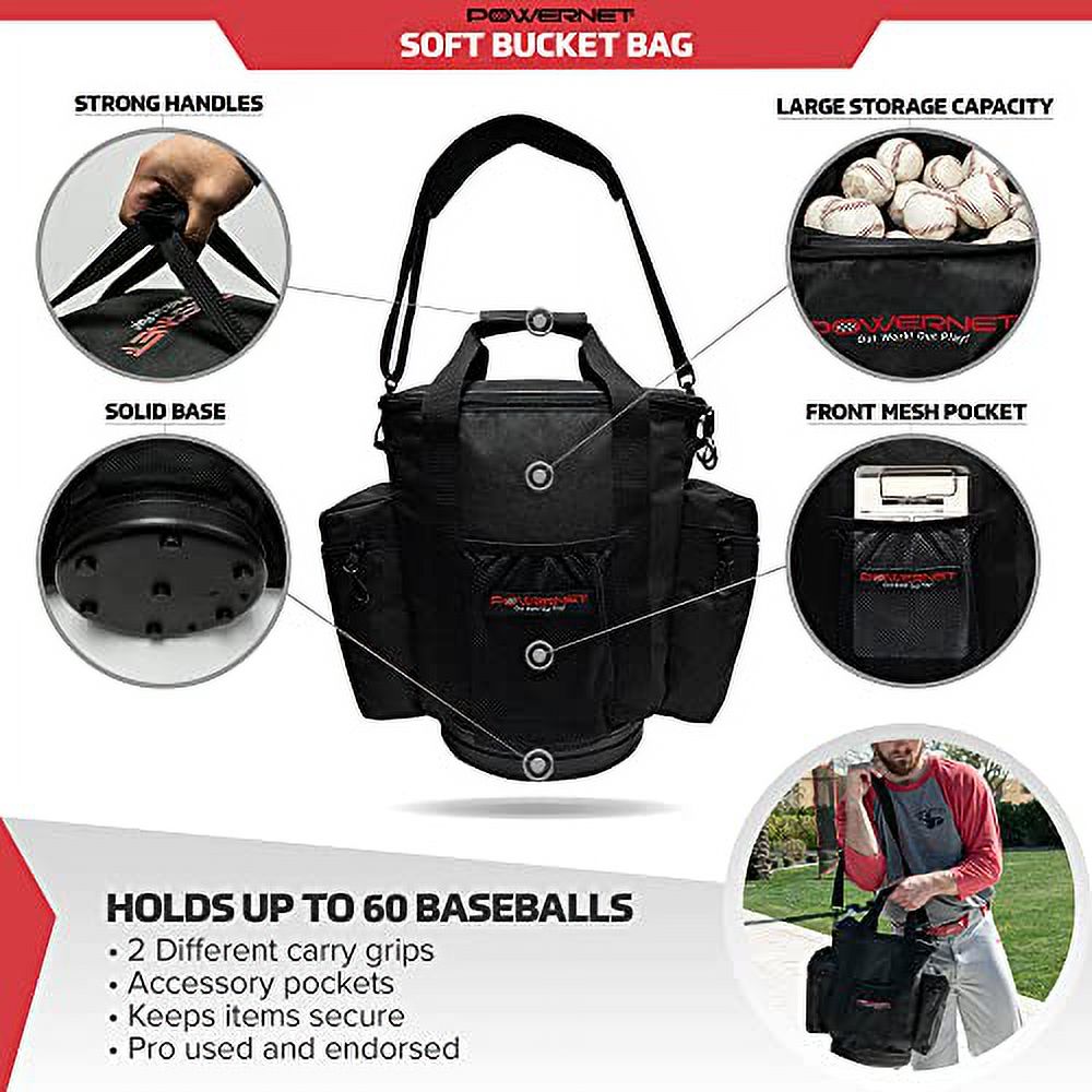 PowerNet Soft Bucket Carry Bag, Ball Bucket Replacement with Shoulder Strap & Pocket Organizer to Carry or Store Softball & Baseball Gear (Softside)