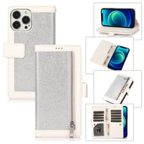 Wallet Case for iPhone 14 Pro Max Shining Zipper Pocket Cover, Glitter Sparkle Luxury PU Leather Magnetic Flip Folio Case with Card Slots Kickstand Wrist Hand Strip Shockproof Case, Silver