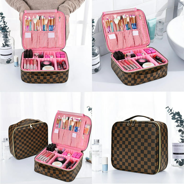 Large Capacity Travel Cosmetic Bag Plaid Checkered Makeup Bag Portable  Leathe