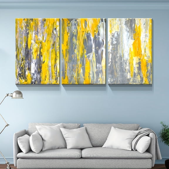 A set of three canvases of grey and yellow abstract motifs framed in 1.5-inch thick pine