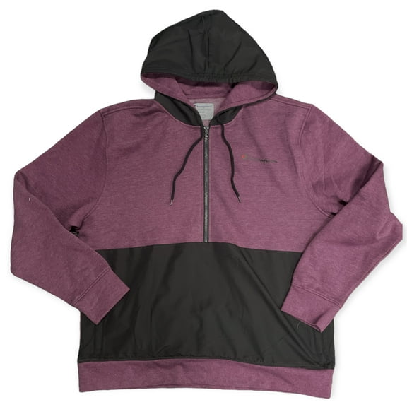 Champion Men's Fleece Woven-Mix Half Zip Two Tone Hoodie (Plum Port Heather, XL)