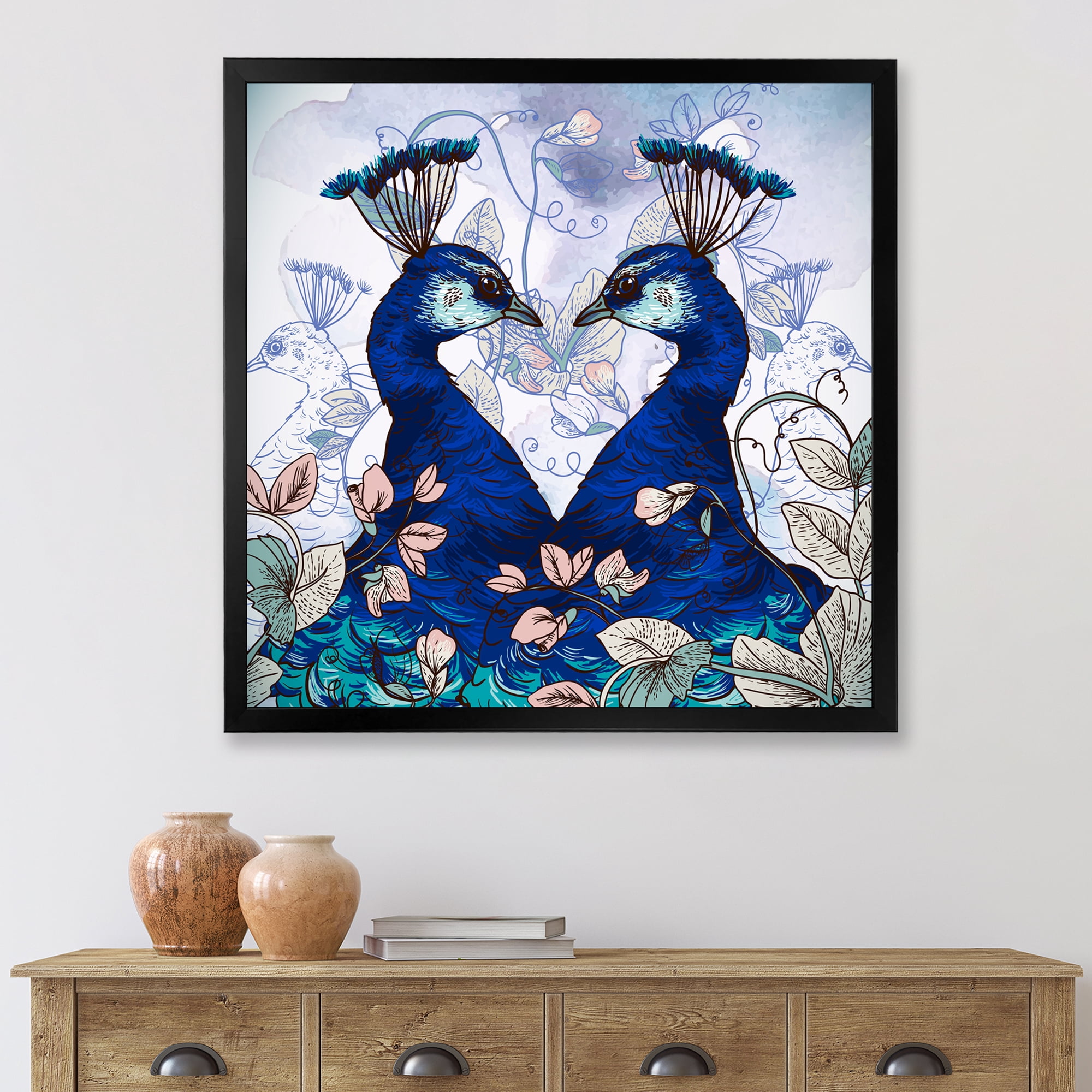 Designart 'Wildflowers With Two Blue Peacocks' Traditional Framed Art Print