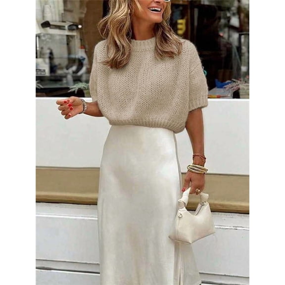 Women's Round Neck Short Sleeve Knit Top for Summer Fall Tea Party Daily Wear