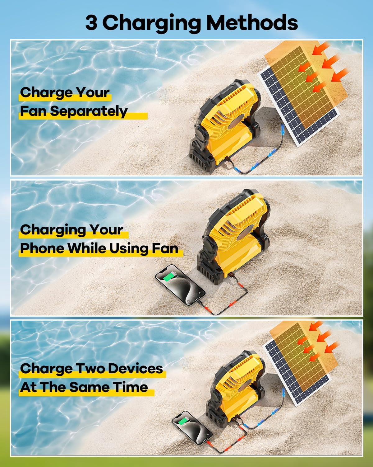10400mAh Solar Fan, Camping Fan with 7W Solar Panel, Rechargeable Solar Powered Fan with LED Lantern,Portable Battery Operated Fan for Travel Picnic, Barbecue, Fishing,Outdoor＆Indoor