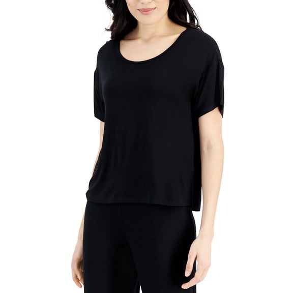 INC International Concepts Women's Super-Soft Short Sleeve Top Deep Black (Deep Black, XS)