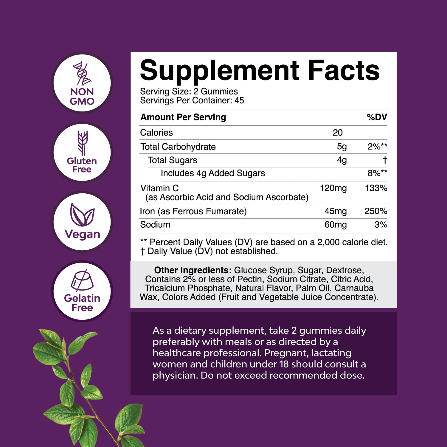 Natures Craft Extra Strength 45mg Iron Gummies with Vitamin C & B Complex, Grape Flavor, 90 Count