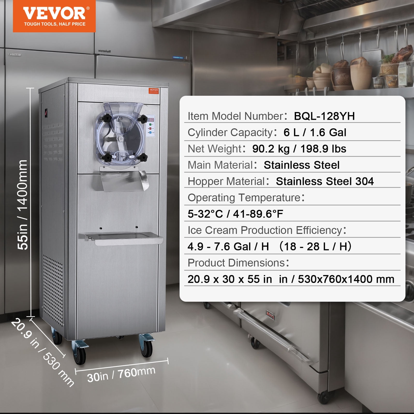 VEVOR Ice Cream Maker for Commercial Use, Produces 18 Liters per Hour, 1780W, Offers Single Flavor, Equipped with Wheels, 6L Stainless Cylinder, LED Display, Automatic Cleaning & Pre-cooling Functi