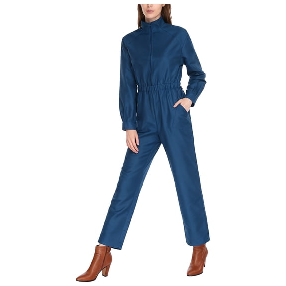 vastwit Coveralls for Women Long Sleeve Stand Collar Zipper Overalls Work Jumpsuit Straight Leg Pants Romper Dark Blue M
