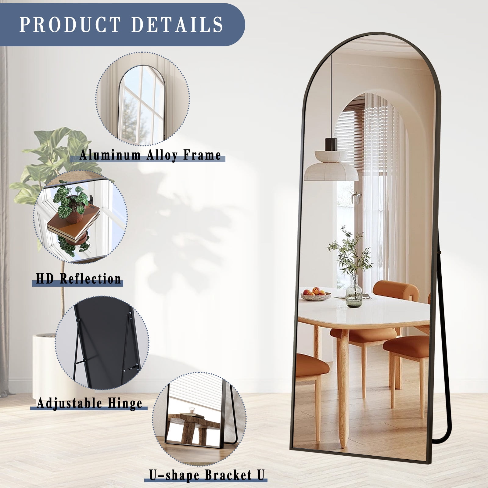 SEETHRUGLIMMER 64"x21.2" Arched Full Length Mirror Wall-Mounted Floor Mirror with Stand, Black