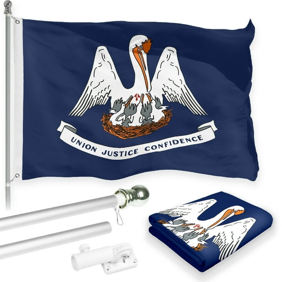 G128 Combo Pack: 6 Feet Tangle Free Spinning Flagpole (Silver) Louisiana LA State Flag 3x5 ft Printed 150D Brass Grommets (Flag Included) Aluminum Flag Pole