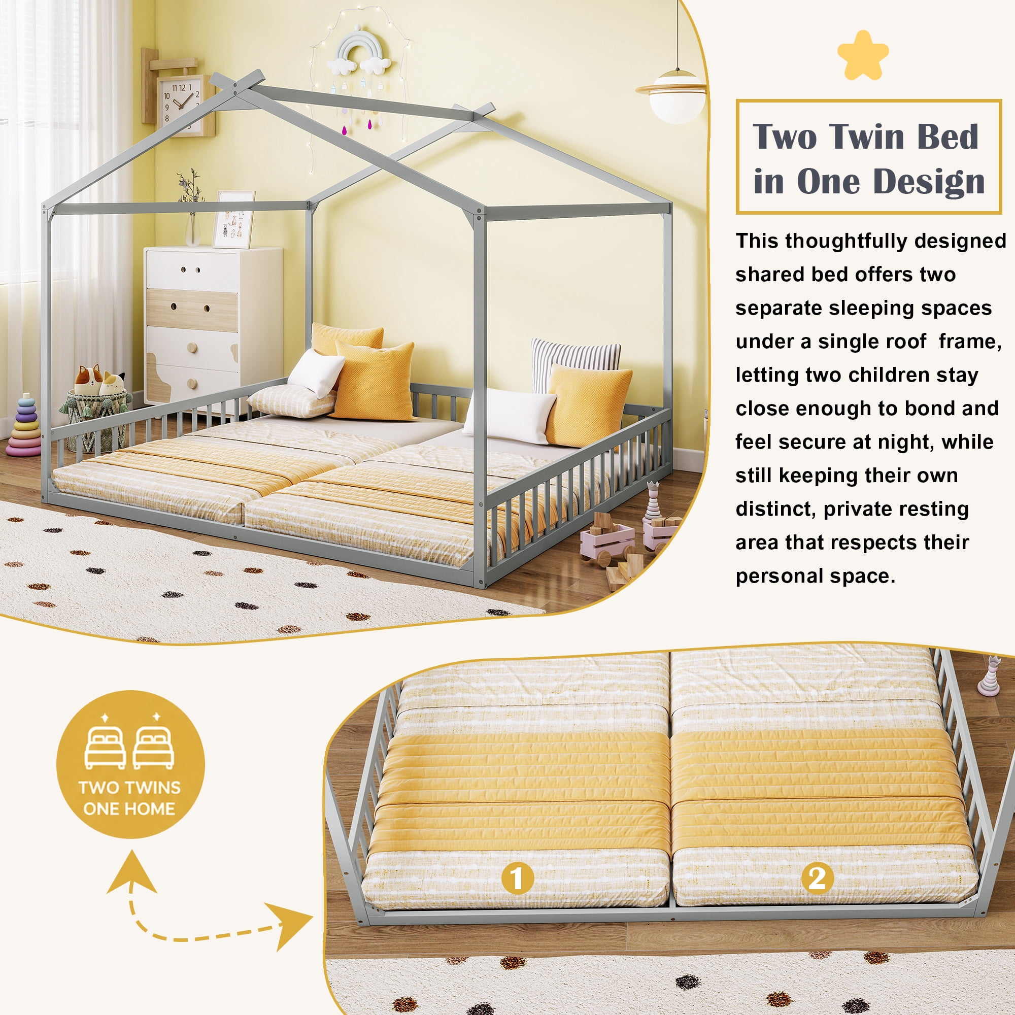 GARITIN Double Twin House Shaped Floor Bed 77.4 Inch, Kids Floor Bed with Safety Guardrails for Children Shared Bedroom, Grey