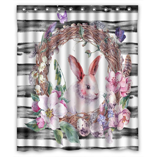 ABPHQTO Happy Easter Willow Bunny Apple Tree Eggs Plumas Mariposas Cortina de ducha de poliéster impermeable y ganchos 150x180 cm