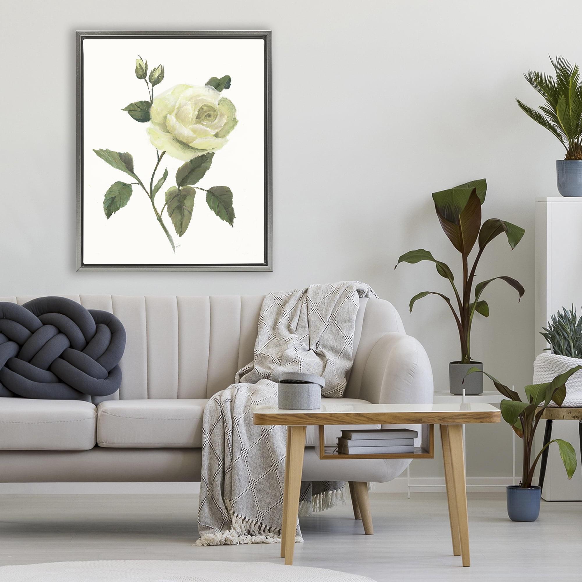 Stupell Industries Cream Garden Rose with Buds Gray Framed Floater Canvas Wall Art, design by Nan
