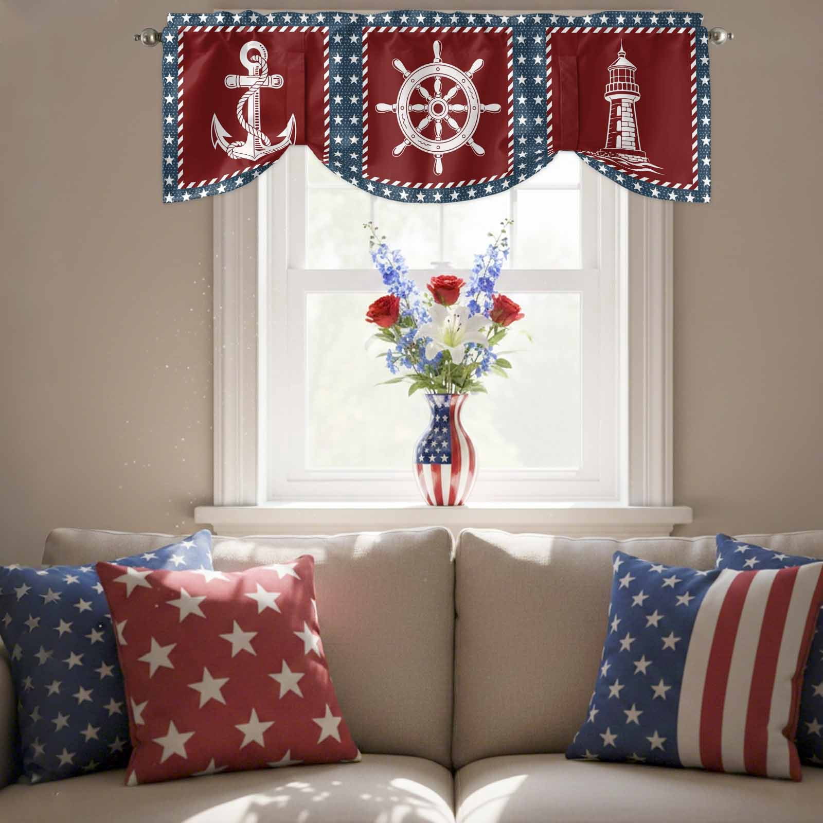 Independence Day Tie Up Valances Curtain, Adjustable Kitchen America Flag Star Ocean Lighthouse Anchor Rudder Valances for Windows Decor, Rod Pocket Short Curtains Set for Bedroom/Bathroom, 54"x18"
