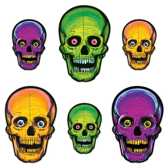 Vintage Halloween Nite-Glo Skull Cardstock Cutouts, 8.5" & 12.75", (12/Pkg)