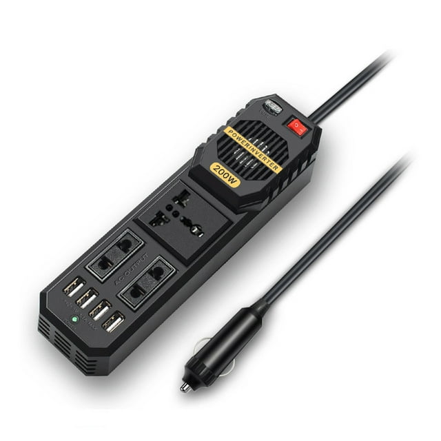 Cargador de coche Irfora Inversor de energía de 200 W CC 12 V a CA 220 V Convertidor de energía para vehículos con 3 salidas de CA 4 puertos de carga USB Ventilador de enfriamiento más ligero Adaptad Irfora Cargador de coche