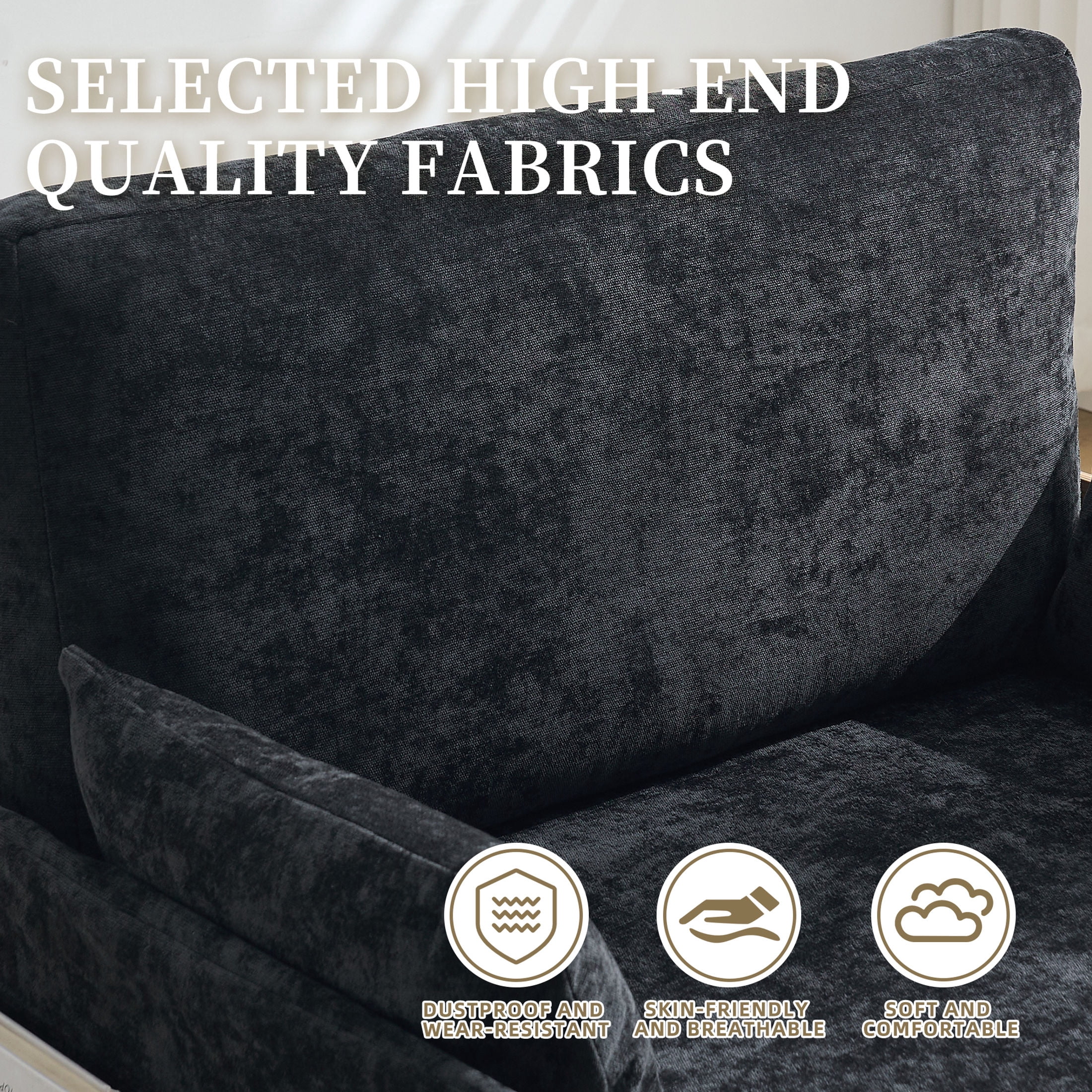 Noble House 3-in-1 Convertible Chenille Sofa Bed Chair, Foldable Sleeper Recliner with 3 Pillows, Black