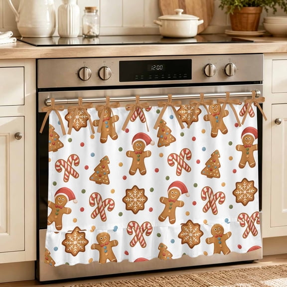 Christmas Gingerbread Oven Skirt Curtain 27"Wx20"L,Waterproof Ruffled Stove Cover Skirt with 8 Ribbon Ties,Xmas Winter Cute Cane Candy Tree Decorative Oven Door Curtain for Kitchen Dishwasher Cabinet