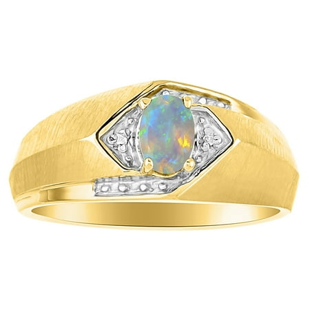Mens Fire Opal Ring Mens Classic Oval African Opal & Diamond Ring Set in Yellow Gold Plated Silver .925 October Birthstone SL-MR2863OPBY-09-F2 ()