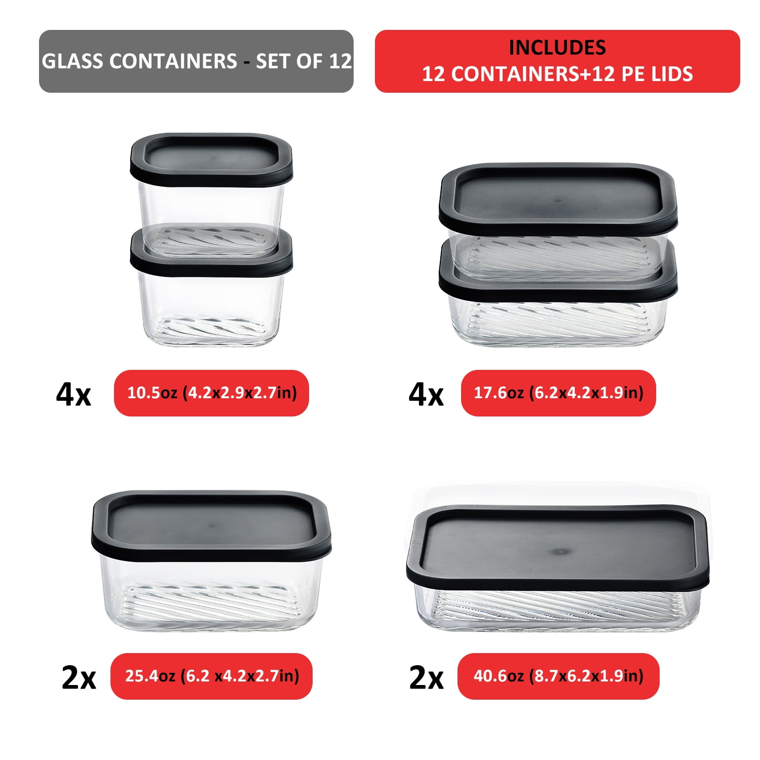 Lamma Loe Glass Storage Containers with Lids, 24 Piece Meal Prep Containers, Oven to Freezer Safe, Stackable, Glass Food Storage Containers, Black