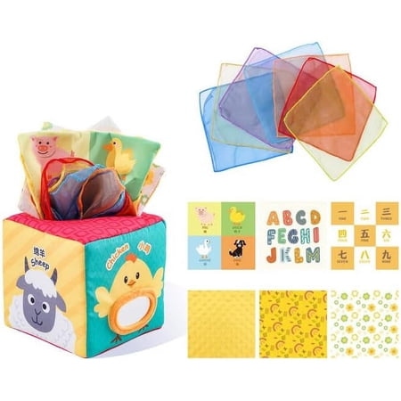 Baby Square Tissue Box Toy Baby Sensory Toys Musical Toys Montessori Toys Crinkle Toys Colorful Soft Scarf Box for 6 9 12 Months Toddlers Infants Newborns Gift(Farm)