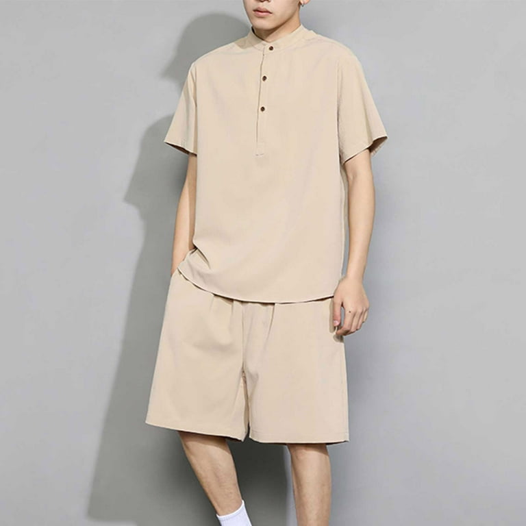 skapbo Men 2 Pieces Linen Short Sleeve Sets Summer Beach Outfits Button  Down Shirt Drawstring Shorts Hippie T Shirts Suit 