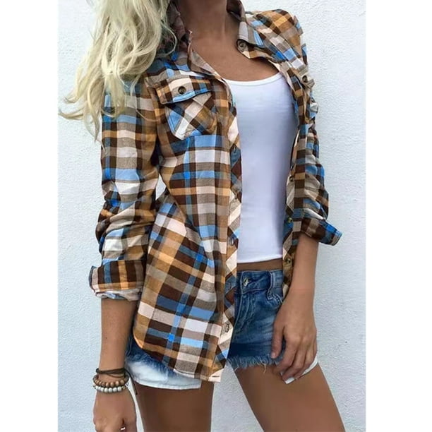 Women's Plaid Shirt, Vivid Colors Plaid Pattern Polyester Fiber