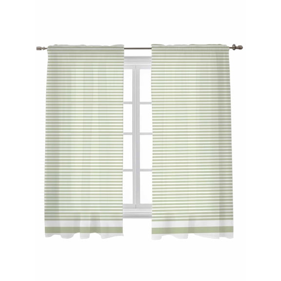 Farmhouse Sage Green White Striped Curtains 72 Inch Length, Sheer Curtains for Bedroom Living Room Window Modern Stripes Rod Pocket Voile Drapes Kitchen Curtains Small Half Window 52"x72" 2 Panels