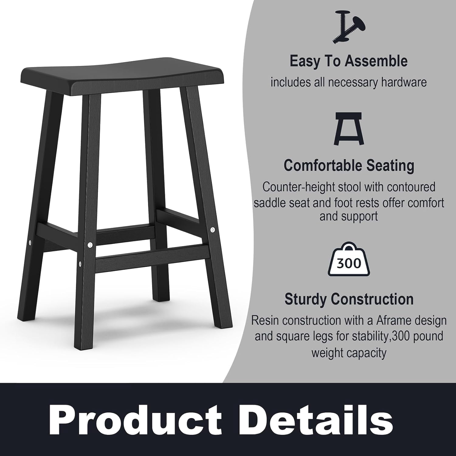 Joxxoaa Solid Wood Saddle-Seat Counter Height Bar Stools for Kitchen Island and Home Bar with Footrest, 29-Inch Height, Black, Set of 4