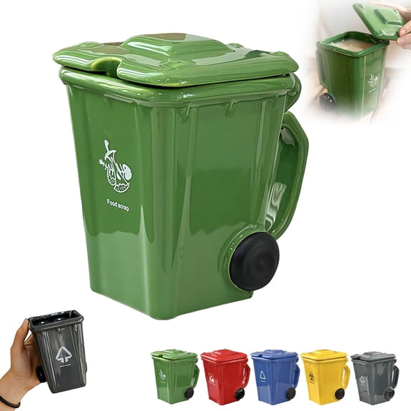 Funny Recycle Bin Coffee Mug,13.5oz Novelty Trash Can Shape Gag Gift Mugs with Lid,Creative Drinking Cup Daily Use Water Tea Cup,User-Friendly Ceramic Mug for Office,Coworkers,Home Desk
