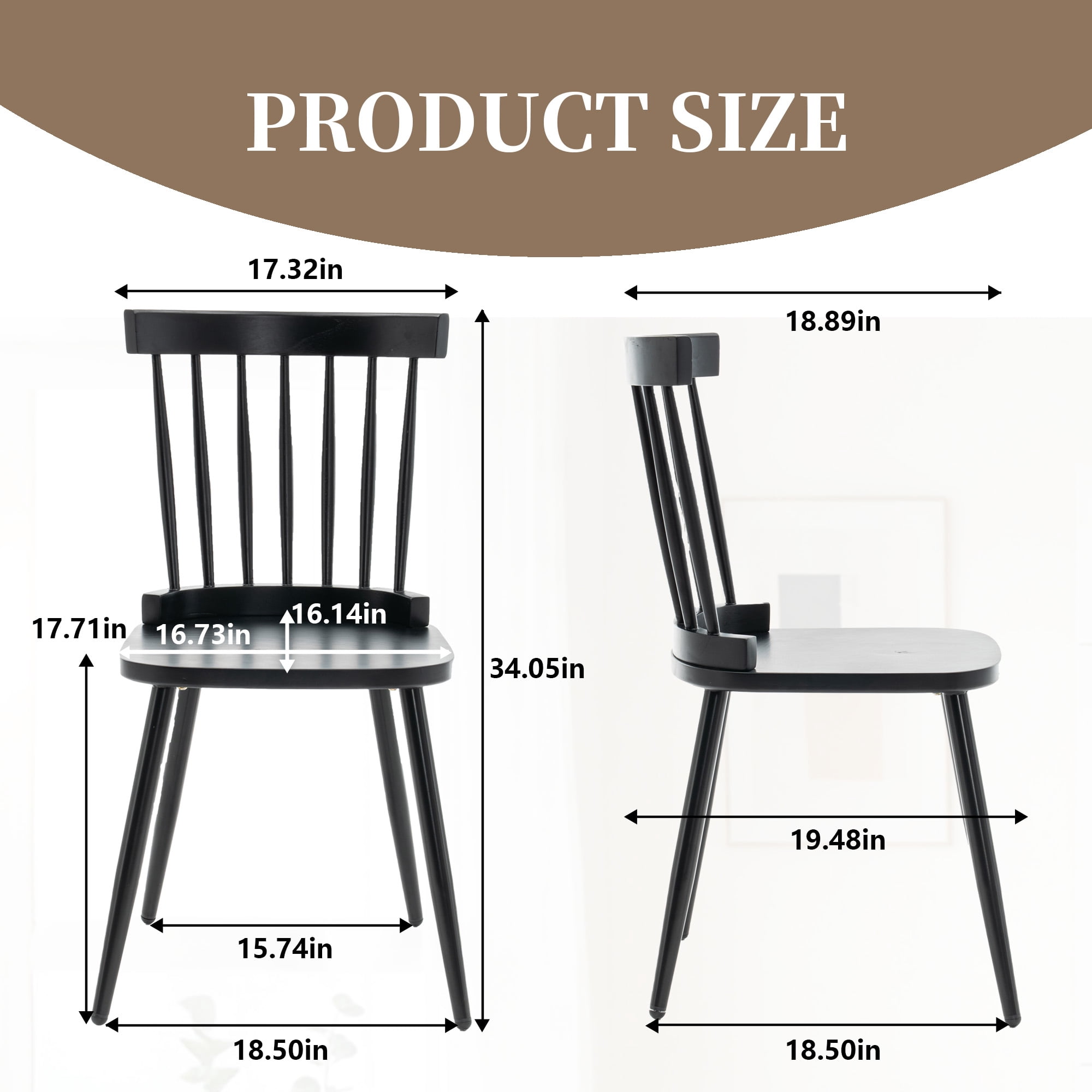ClinQ Wooden Windsor Dining Chair Set of 4，Modern Classic Armless Kitchen Side Chairs with Sturdy Iron Legs for Dining Room, Black