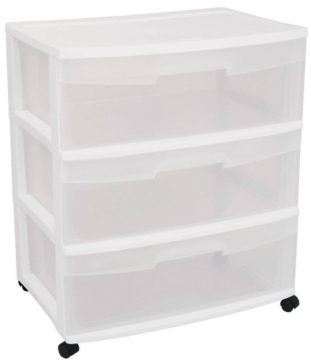 STERILITE 29308001 Wide 3 Drawer Cart White Frame with Clear Drawers and Black Casters 