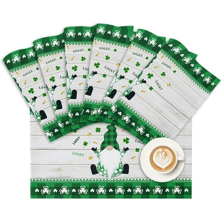

St. Patricks Day Gnomes Clover Placemats Set of 6 Irish Green Buffalo Check Plaid Clover Cotton Linen Heat Resistant Table Mats Washable Spring Holidays Decorations For Kitchen Dining Table
