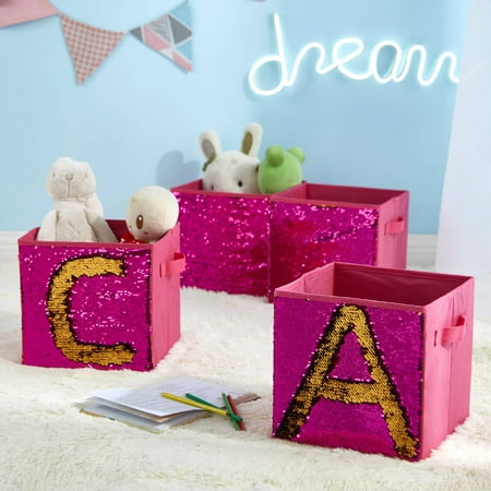 Urban Shop Hot Pink Sequin Reversible to Gold Collapsible Storage Cubes, Set of 4