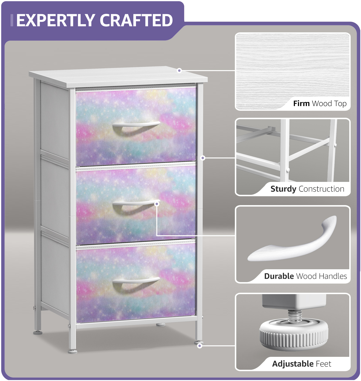Sorbus 3-Drawer Nightstand with Steel Frame, Wood Top, Fabric Bins, Rainbow Sparkle