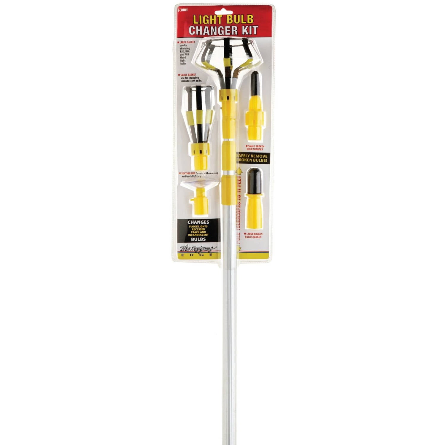 Photo 1 of Woods E3001 Light Changing Kit Foot Metal Telescopic Pole, Baskets, Suction Cup and Broken Bulb Changers, Versatile Use, 5 Accessories Included, 11 Feet Tall, 1 Count , Yellow

