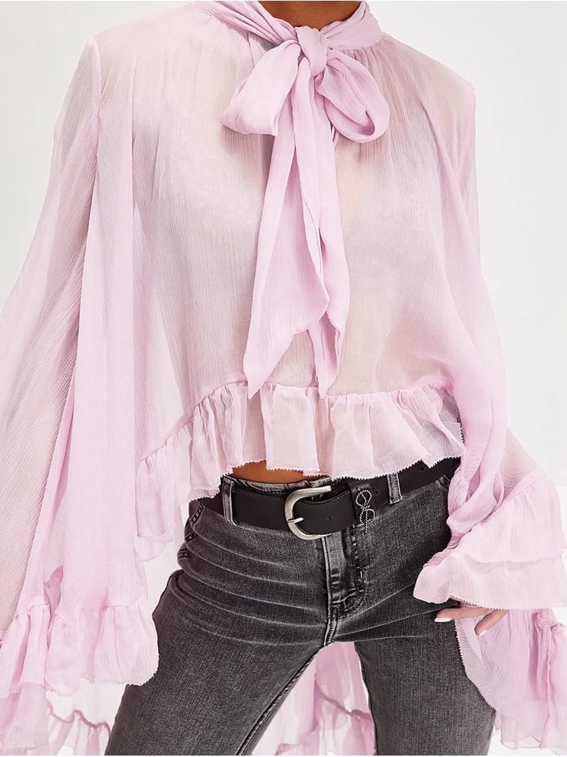 Women Long Bell Sleeve Frill Top See Through Sheer Mesh Blouse