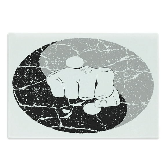 Kung Fu Cutting Board, Fist in Grunge Design Yin Yang Karate Themed Image, Decorative Tempered Glass Cutting and Serving Board, in 3 Sizes, by Ambesonne